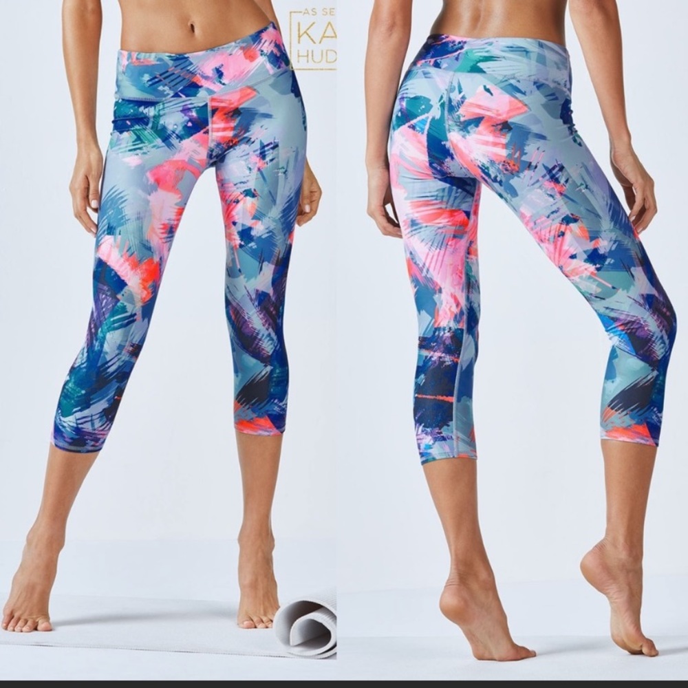Fabletics Capri leggings. Blue and pink colors. No size label but fit like M